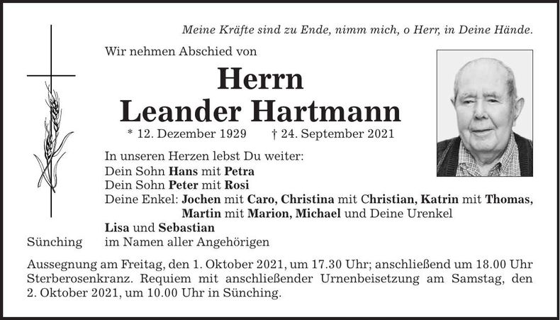 Traueranzeige Leander Hartmann