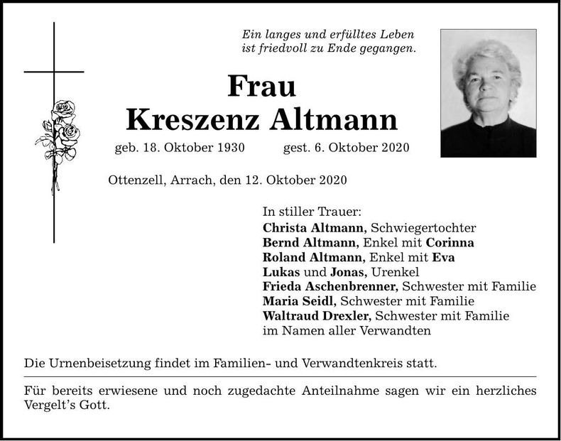 Traueranzeige Kreszenz Altmann