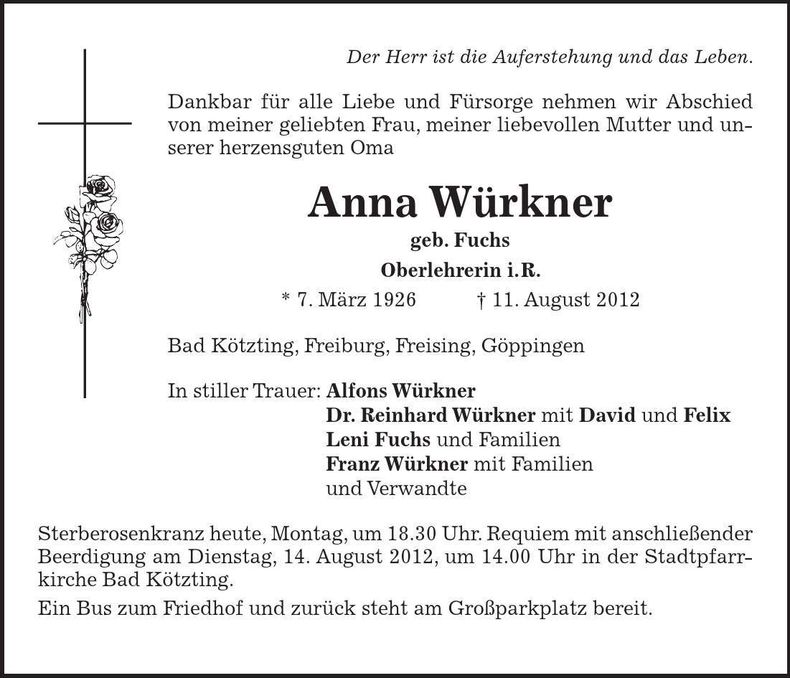 Traueranzeige Anna Würkner