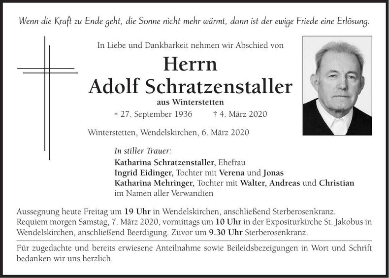 Traueranzeige Adolf Schratzenstaller