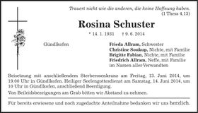 Traueranzeige Rosina Schuster