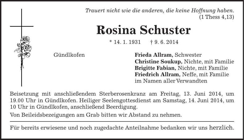 Traueranzeige Rosina Schuster