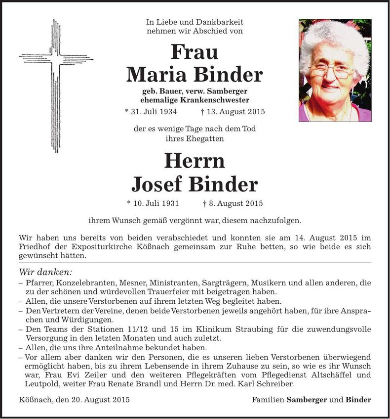 Traueranzeige Maria und Josef Binder