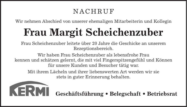 Traueranzeige Margit Scheichenzuber