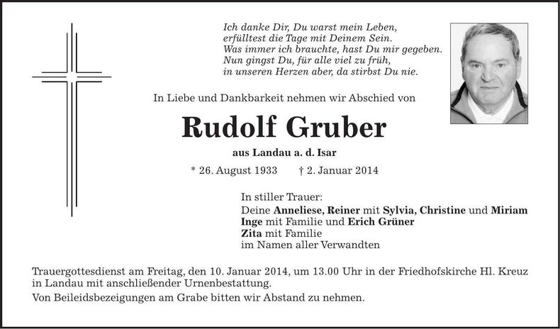 Traueranzeige Rudolf Gruber