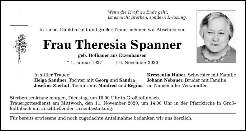 Traueranzeige Theresia Spanner