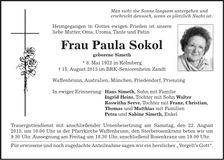 Traueranzeige Paula Sokol