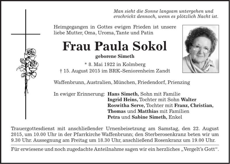 Traueranzeige Paula Sokol