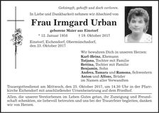 Traueranzeige Irmgard Urban