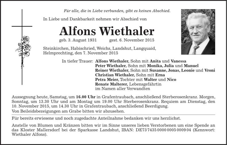 Traueranzeige Alfons Wiethaler