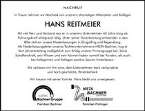 Traueranzeige Hans Reitmeier