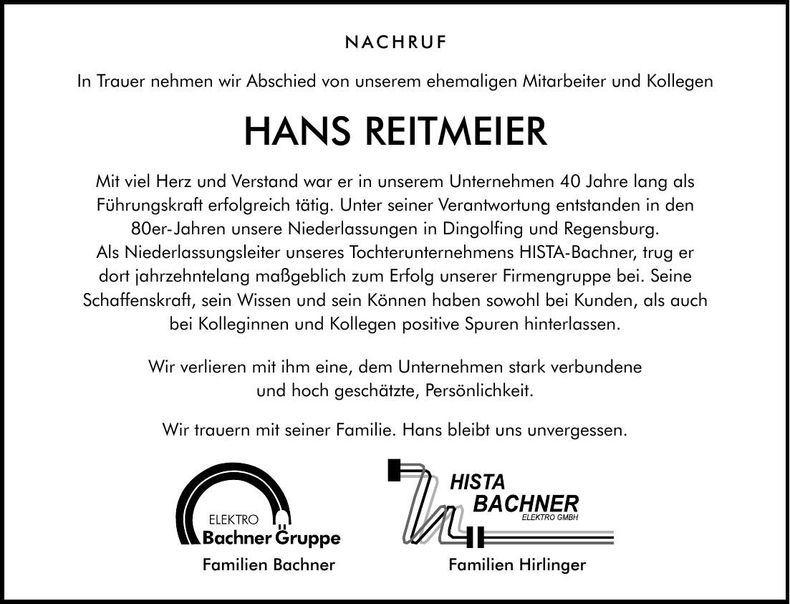 Traueranzeige Hans Reitmeier