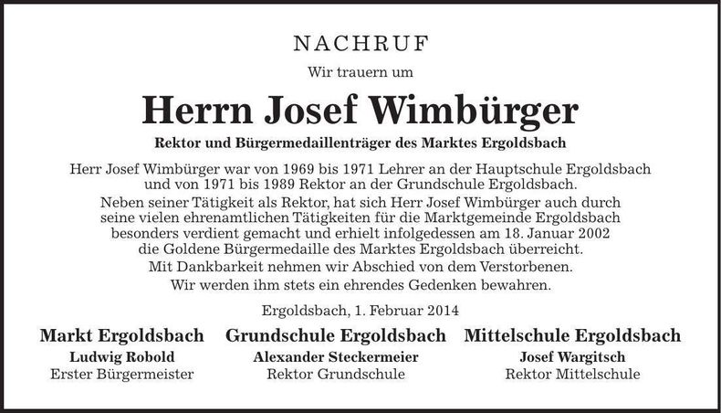Traueranzeige Josef Wimbürger