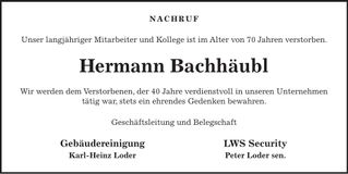 Traueranzeige Hermann Bachhäubl