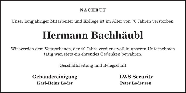 Traueranzeige Hermann Bachhäubl