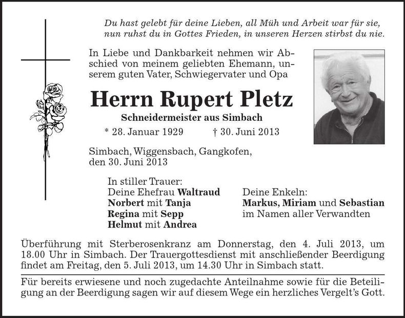 Traueranzeige Rupert Pletz