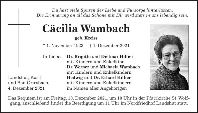 Traueranzeige Cäcilia Wambach