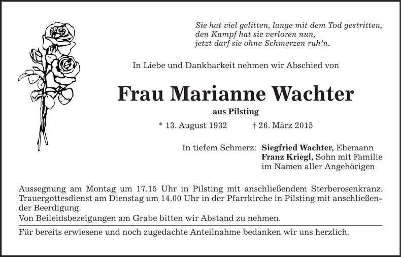 Traueranzeige Marianne Wachter