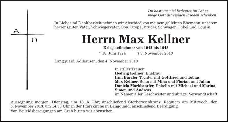 Traueranzeige Max Kellner