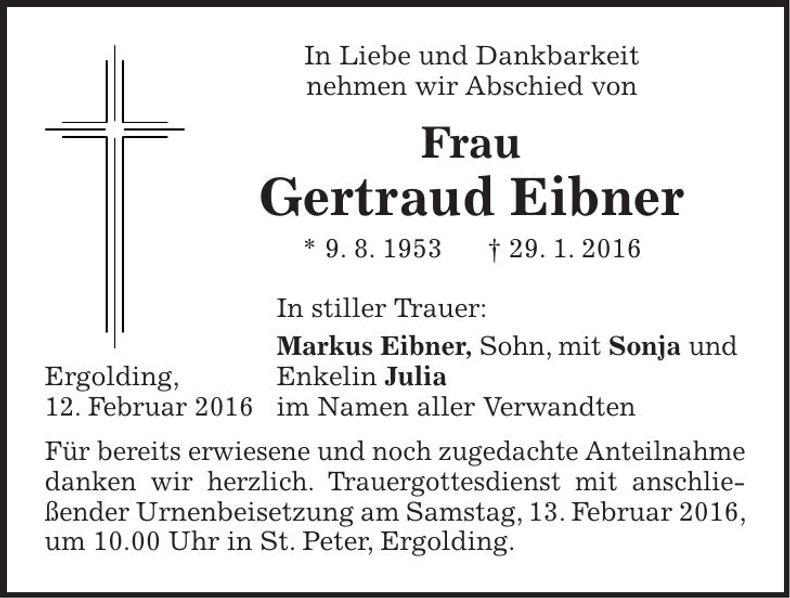 Traueranzeige Gertraud Eibner