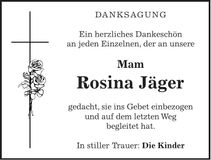 Traueranzeige Rosina Jäger