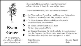 Traueranzeige Sven Geier