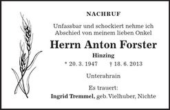 Traueranzeige Anton Forster