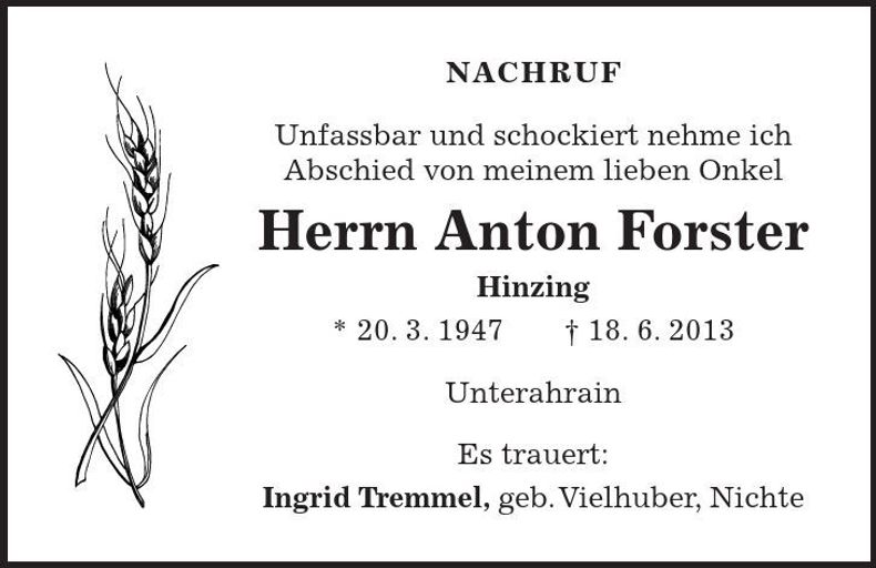 Traueranzeige Anton Forster