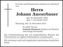 Traueranzeige Johann Ausserbauer