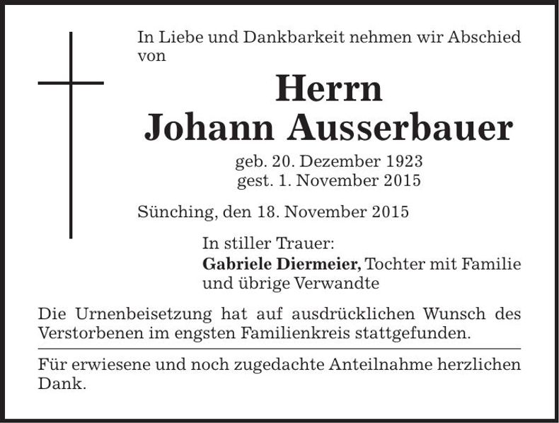 Traueranzeige Johann Ausserbauer