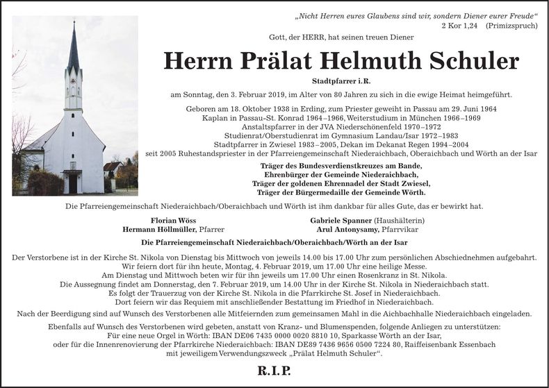 Traueranzeige Helmuth Schuler