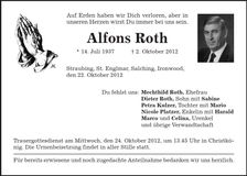 Traueranzeige Alfons Roth