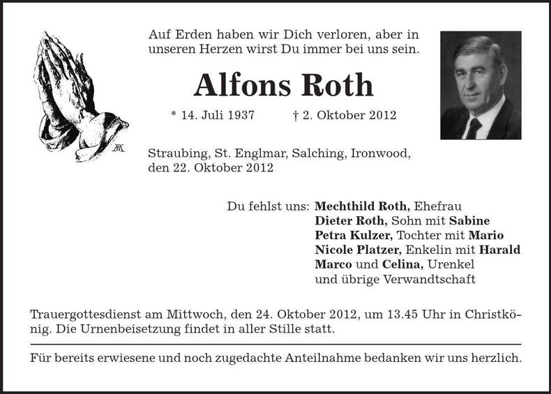 Traueranzeige Alfons Roth