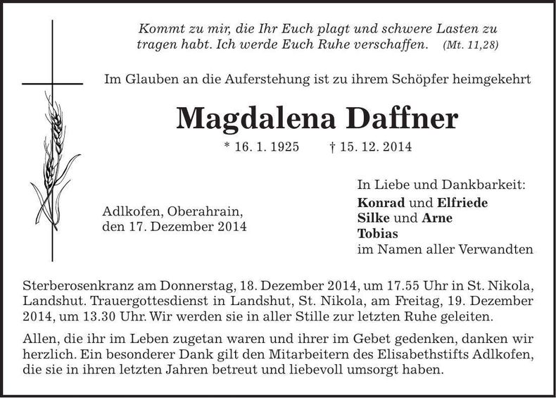 Traueranzeige Magdalena Daffner