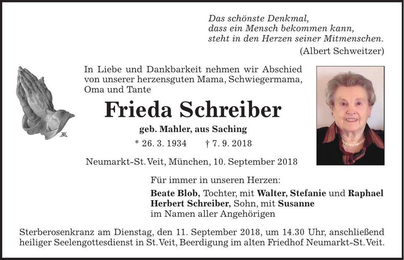 Traueranzeige Frieda Schreiber