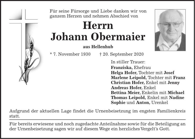 Traueranzeige Johann Obermaier