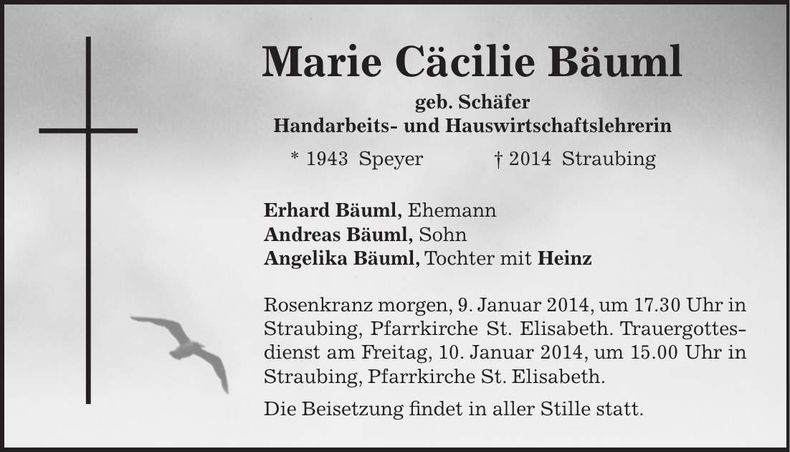 Traueranzeige Marie Cäcilie Bäuml