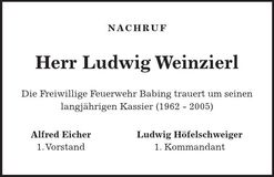 Traueranzeige Ludwig Weinzierl