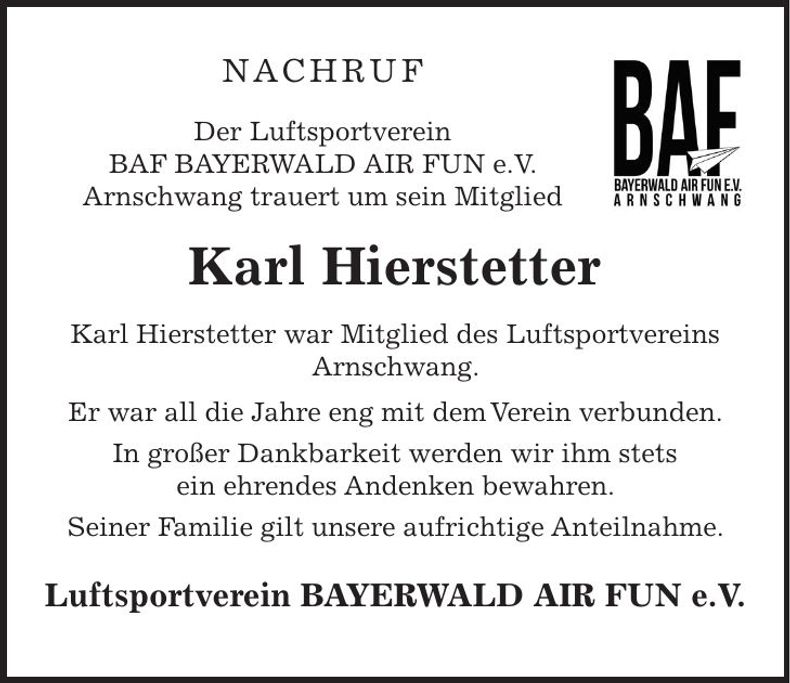 Traueranzeige Karl Hierstetter