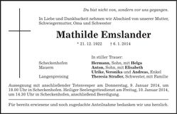 Traueranzeige Mathilde Emslander