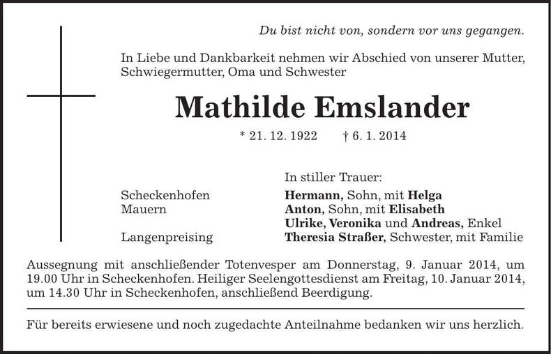 Traueranzeige Mathilde Emslander