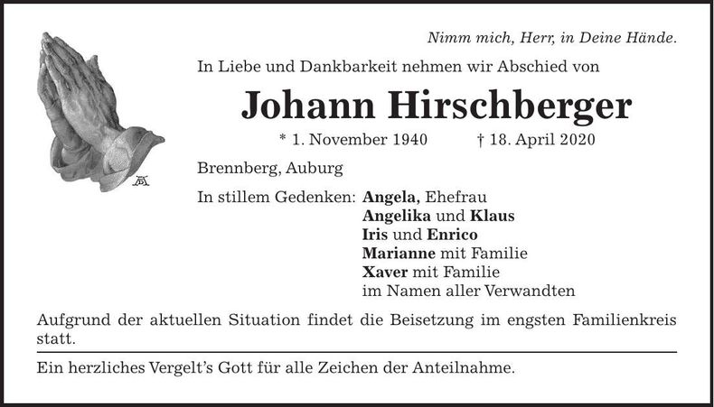 Traueranzeige Johann Hirschberger