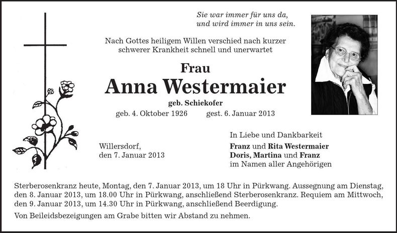 Traueranzeige Anna Westermaier