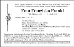 Traueranzeige Franziska Frankl
