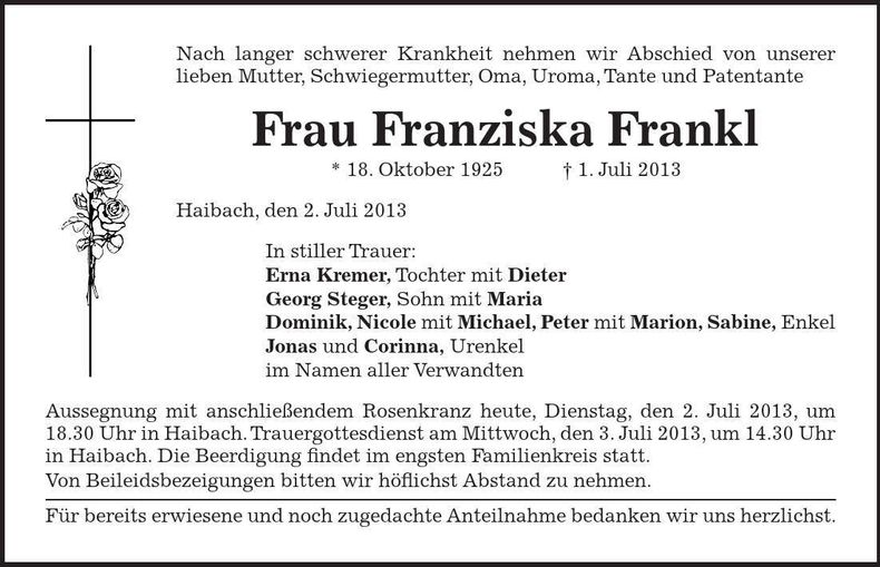 Traueranzeige Franziska Frankl