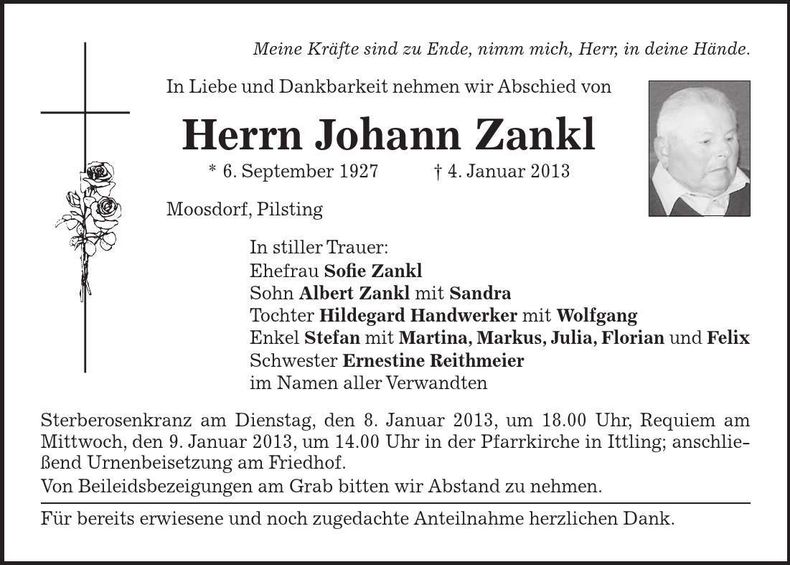 Traueranzeige Johann Zankl