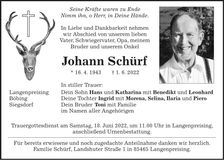 Traueranzeige Johann Schürf