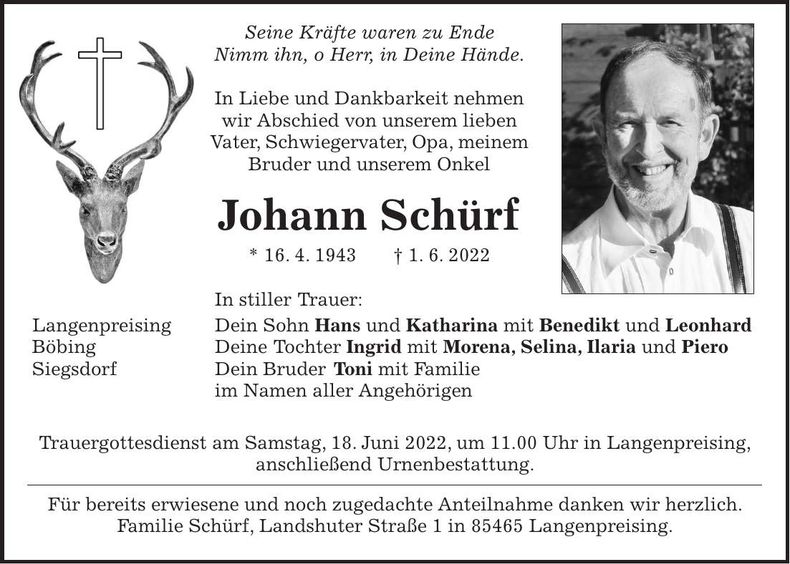 Traueranzeige Johann Schürf