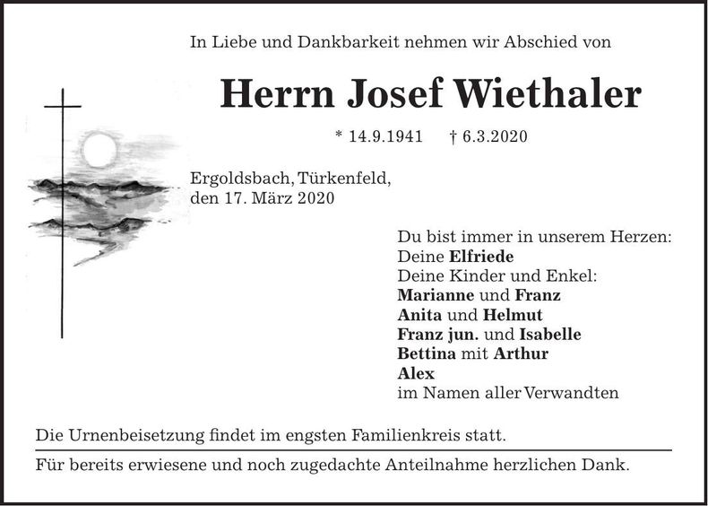 Traueranzeige Josef Wiethaler