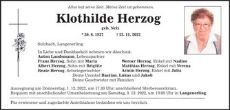 Traueranzeige Klothilde Herzog